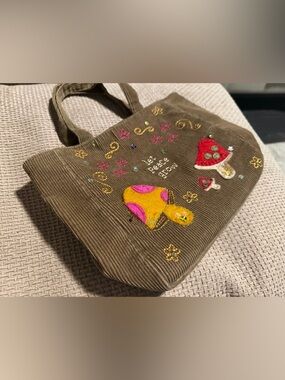 Embroidered Mushroom Corduroy Tote in Olive Brown